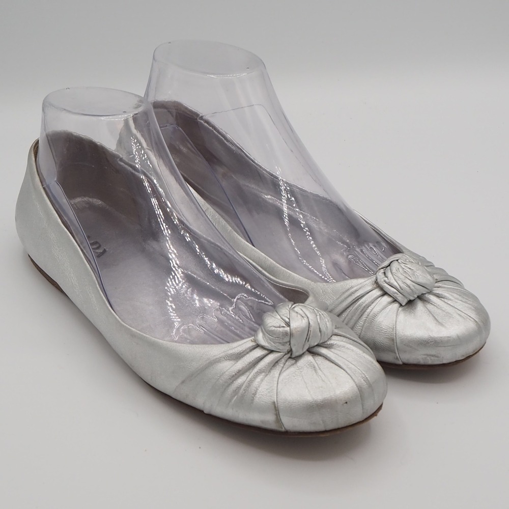 Vintage Prada Ballet Flats 9 Silver Leather Knot Ruched Round Toe Metallic Shoes